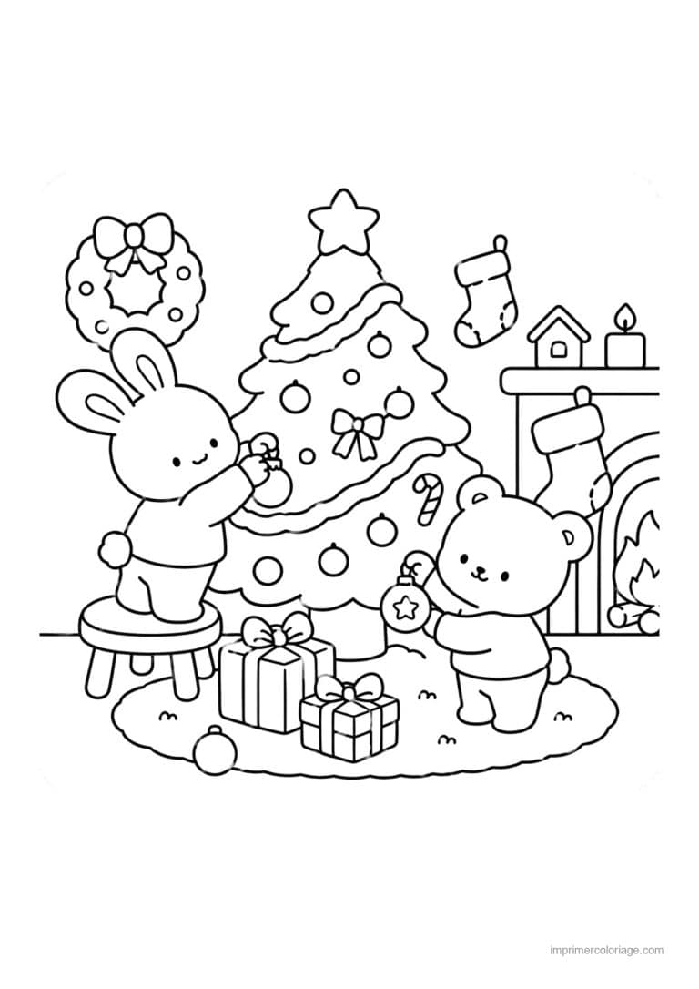 coloriage noel cozy lapin et ours decorent le sapin - dessin gratuit &agrave; imprimer