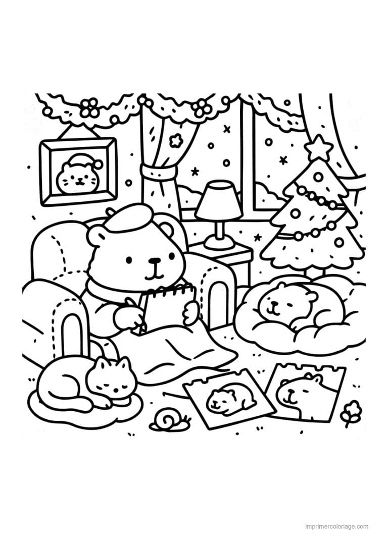 coloriage noel cozy ours au coin du feu avec son livre - dessin gratuit &agrave; imprimer