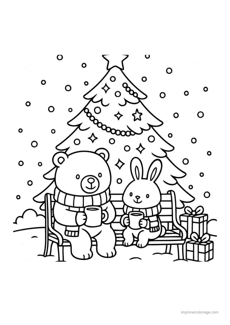 coloriage noel cozy ours et lapin au banc enneige - dessin gratuit &agrave; imprimer