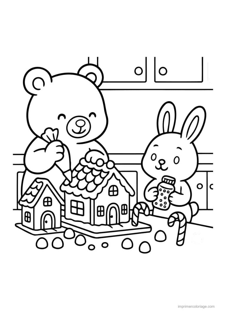 coloriage noel cozy ours lapin et maison pain depice - dessin gratuit &agrave; imprimer