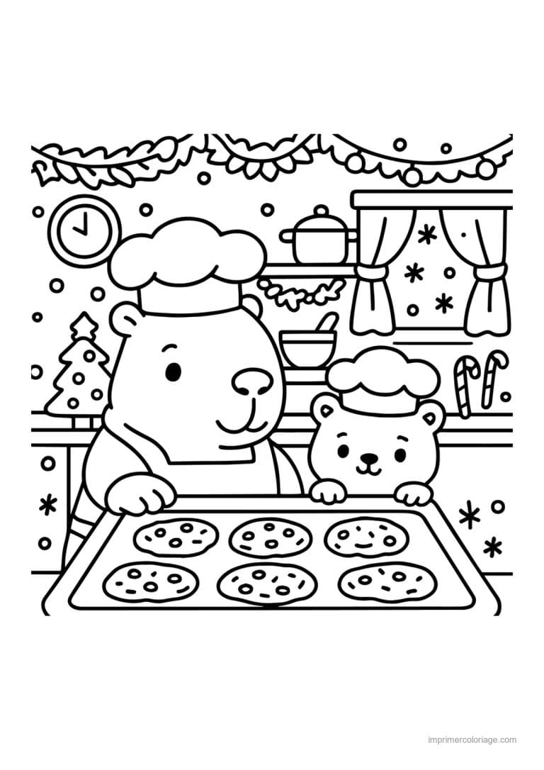coloriage noel cozy ours patissiers et biscuits - dessin gratuit &agrave; imprimer