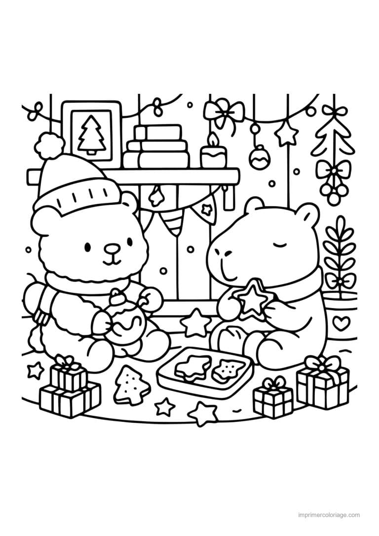 coloriage noel cozy ours qui emballent les cadeaux - dessin gratuit &agrave; imprimer