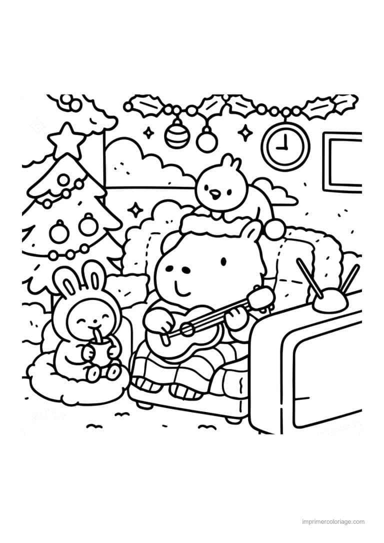 coloriage noel cozy ours qui joue de la guitare au salon - dessin gratuit &agrave; imprimer