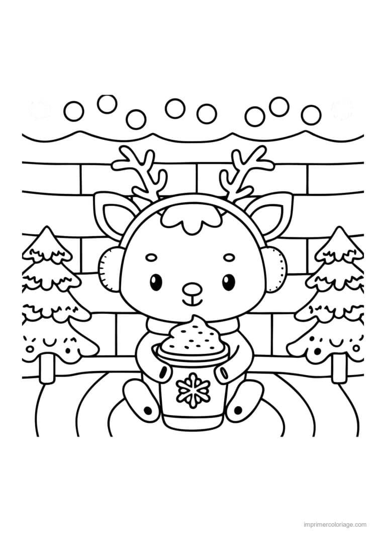 coloriage noel cozy renne et chocolat chaud - dessin gratuit &agrave; imprimer