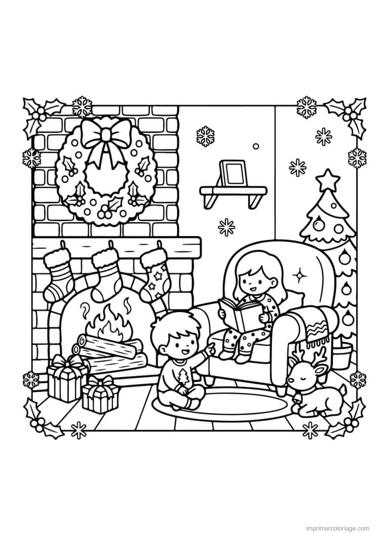 coloriage noel cozy soiree au coin du feu - dessin gratuit &agrave; imprimer