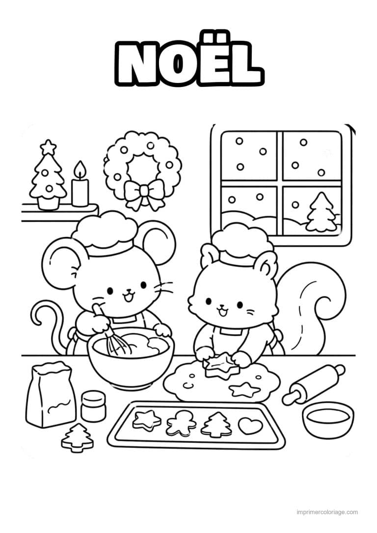 coloriage noel cozy souris et ecureuil font des biscuits - dessin gratuit &agrave; imprimer
