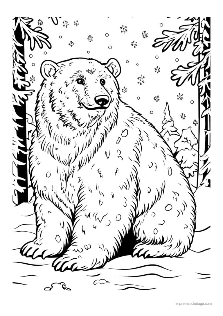 coloriage ours polaire ours assis foret enneigee - dessin gratuit &agrave; imprimer