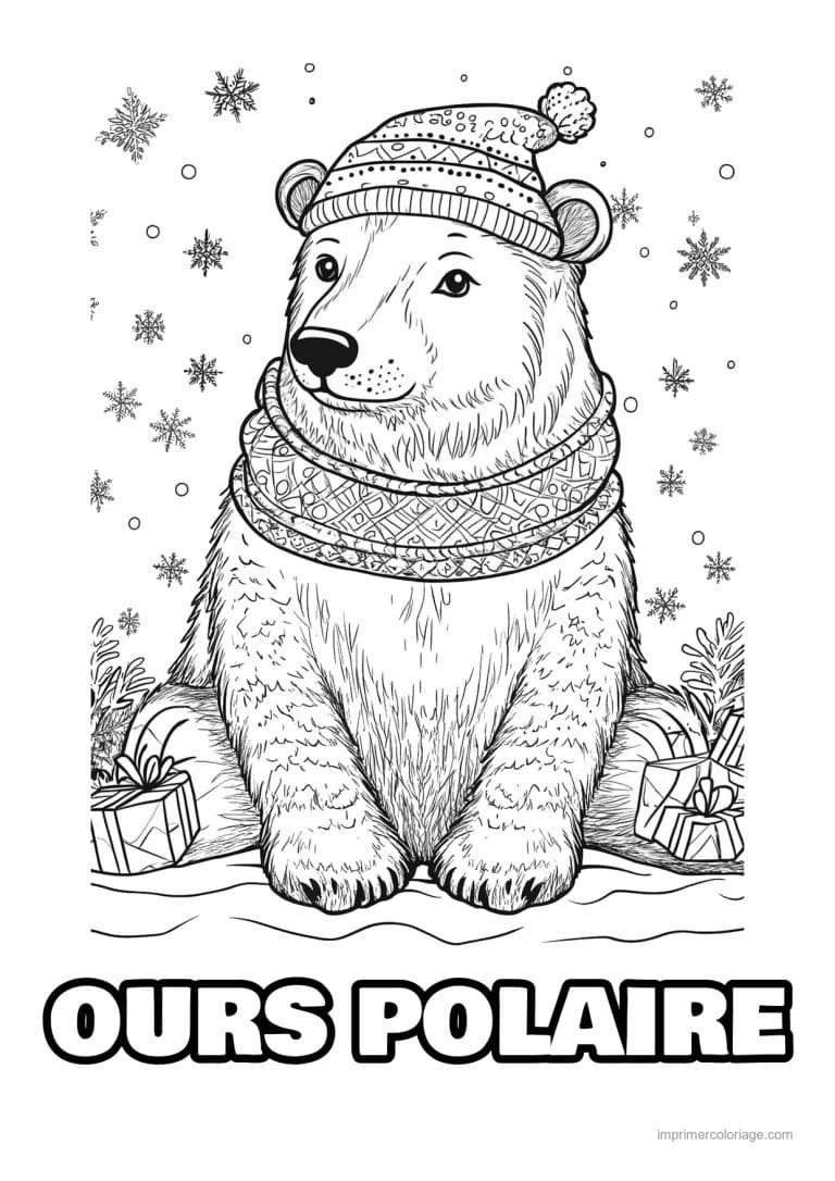 coloriage ours polaire ours bonnet echarpe cadeaux - dessin gratuit &agrave; imprimer