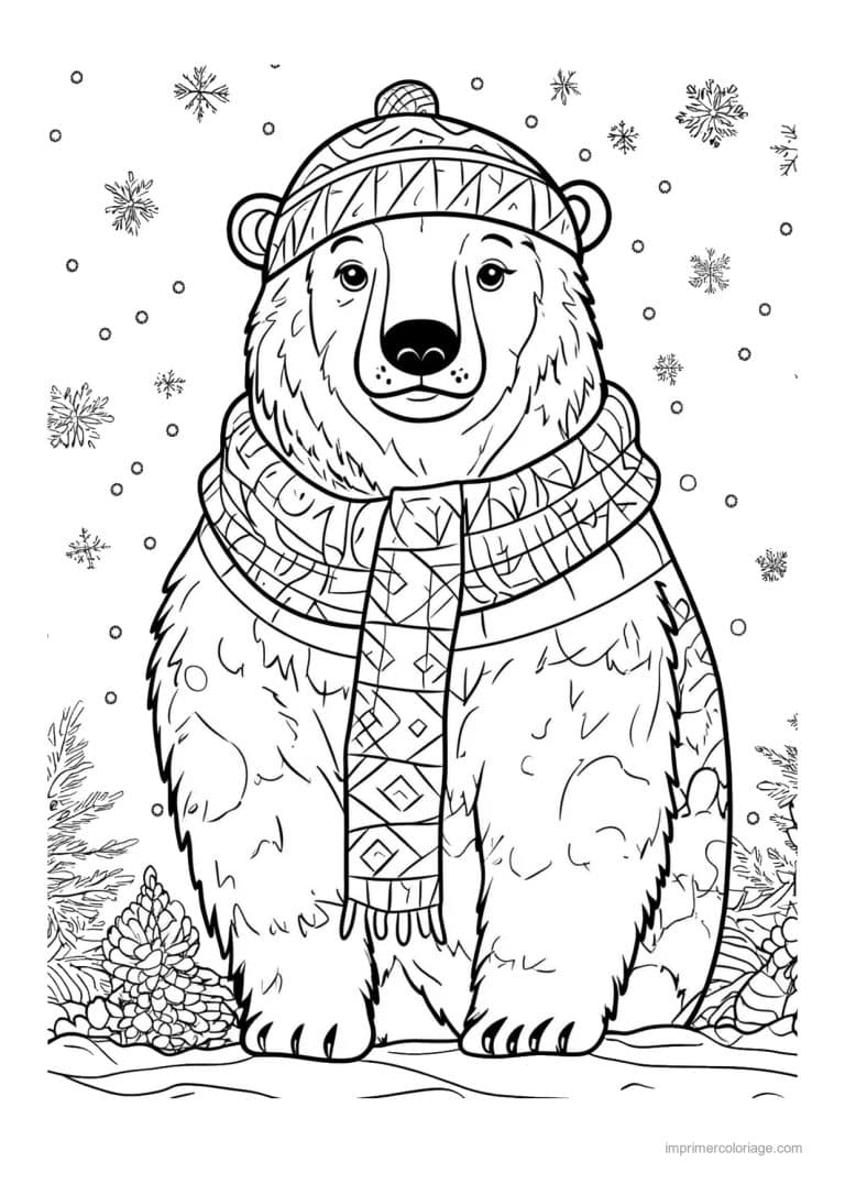 coloriage ours polaire ours bonnet echarpe motifs neige - dessin gratuit &agrave; imprimer