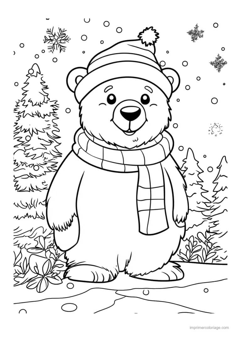 coloriage ours polaire ours bonnet echarpe sapins - dessin gratuit &agrave; imprimer