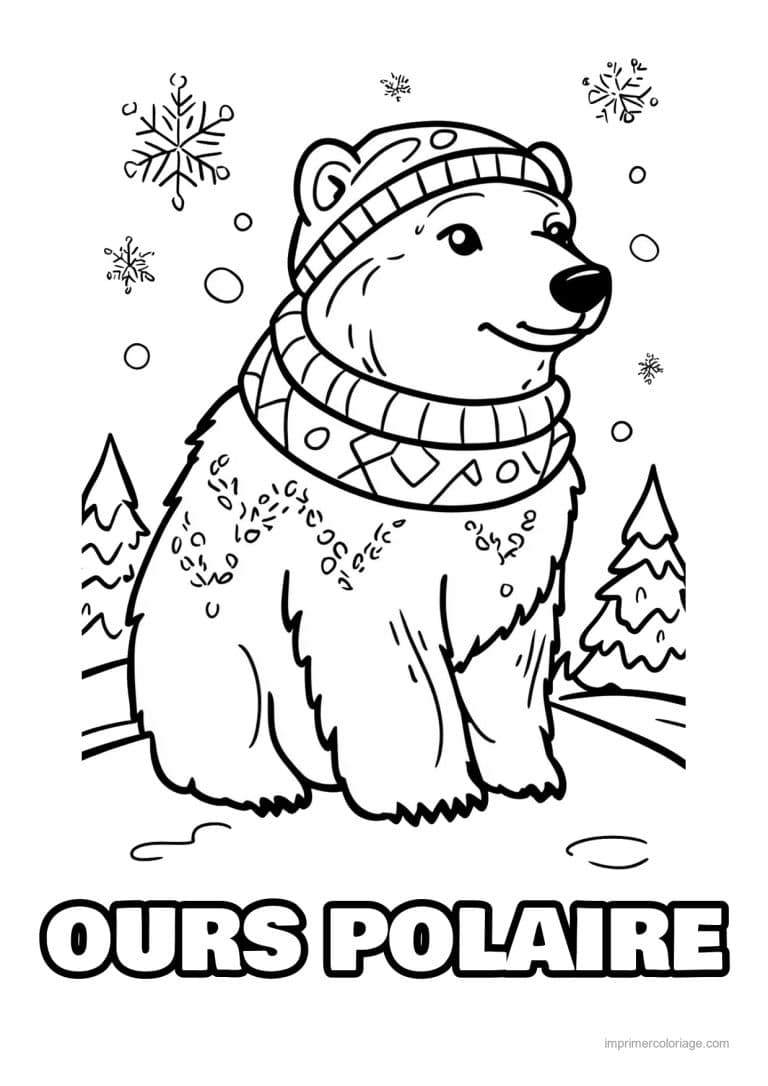 coloriage ours polaire ours bonnet echarpe sapins gros traits - dessin gratuit &agrave; imprimer