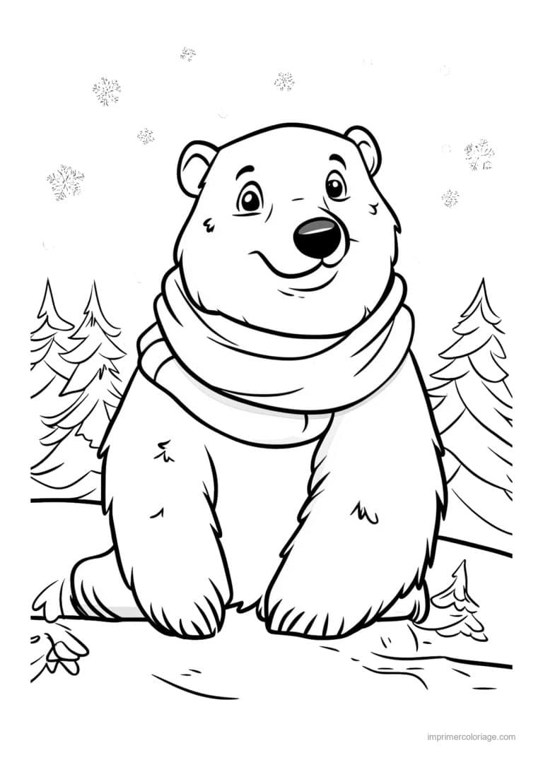 coloriage ours polaire ours echarpe sapins - dessin gratuit &agrave; imprimer