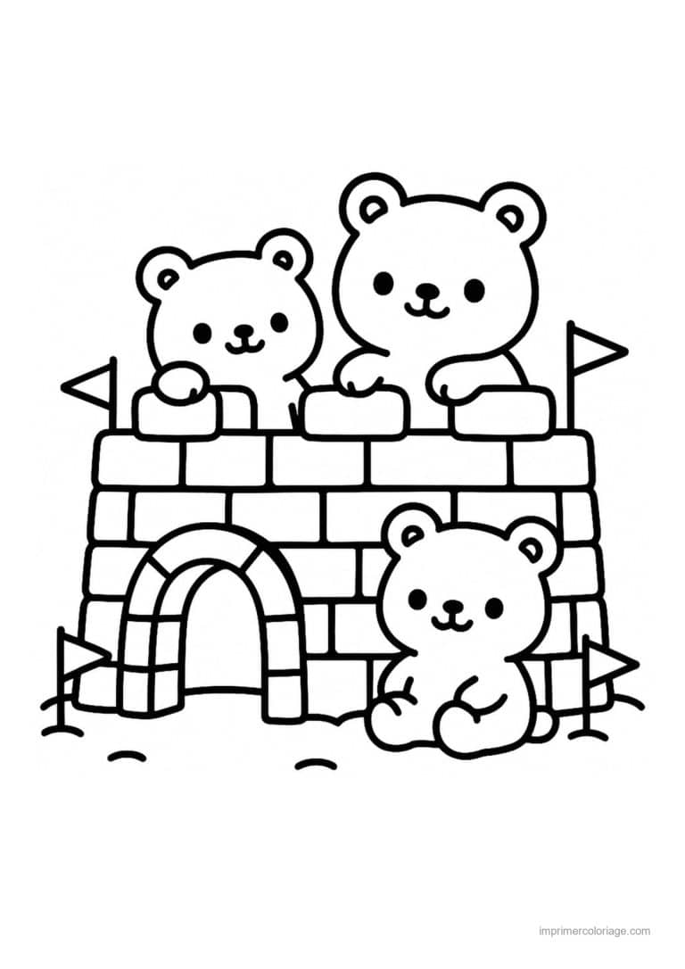 coloriage ours polaire oursons fort neige drapeaux - dessin gratuit &agrave; imprimer