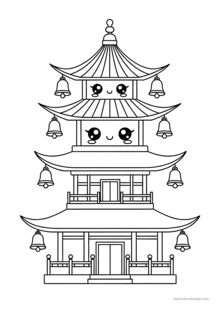 coloriage pagode kawaii - dessin gratuit &agrave; imprimer