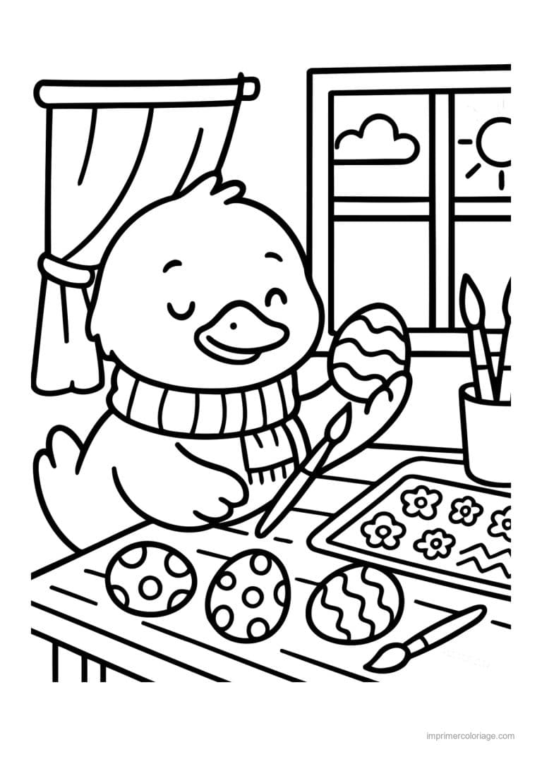 coloriage paques cozy canard qui peint des oeufs - dessin gratuit &agrave; imprimer