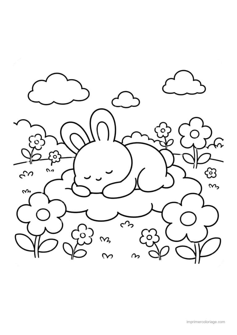 coloriage paques cozy lapin endormi dans les fleurs - dessin gratuit &agrave; imprimer
