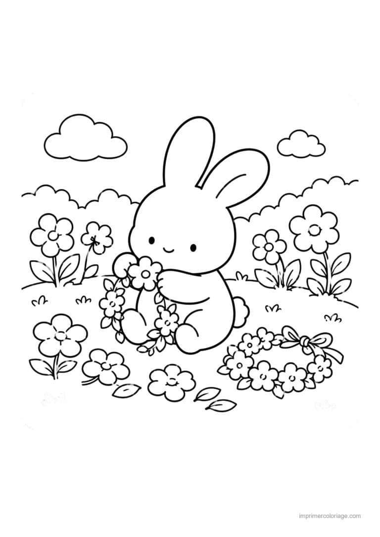 coloriage paques cozy lapin et couronne de fleurs - dessin gratuit &agrave; imprimer