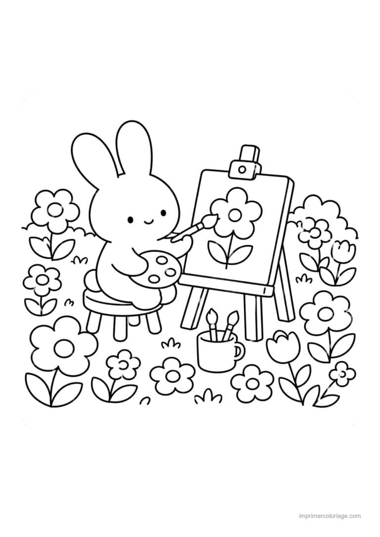 coloriage paques cozy lapin peintre au jardin - dessin gratuit &agrave; imprimer
