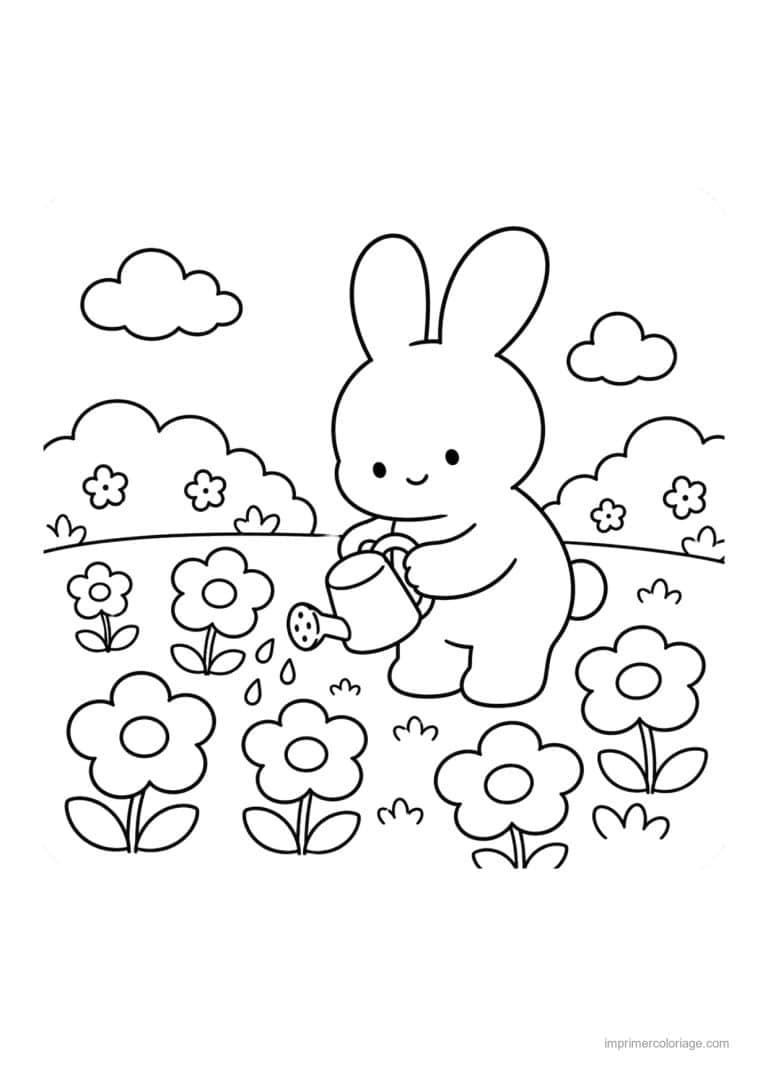 coloriage paques cozy lapin qui arrose les fleurs - dessin gratuit &agrave; imprimer