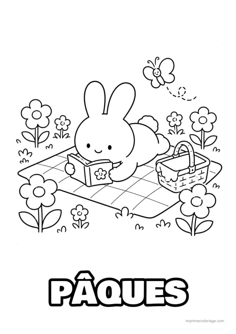 coloriage paques cozy lapin qui lit sur la nappe - dessin gratuit &agrave; imprimer