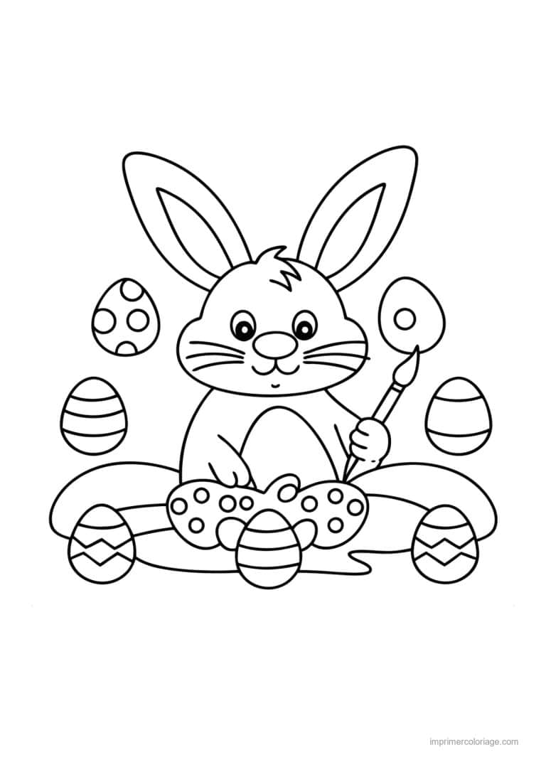 coloriage paques cozy lapin qui peint des oeufs - dessin gratuit &agrave; imprimer