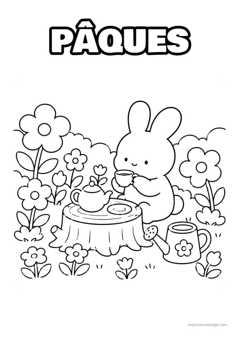 coloriage paques cozy lapin qui prend le the - dessin gratuit &agrave; imprimer