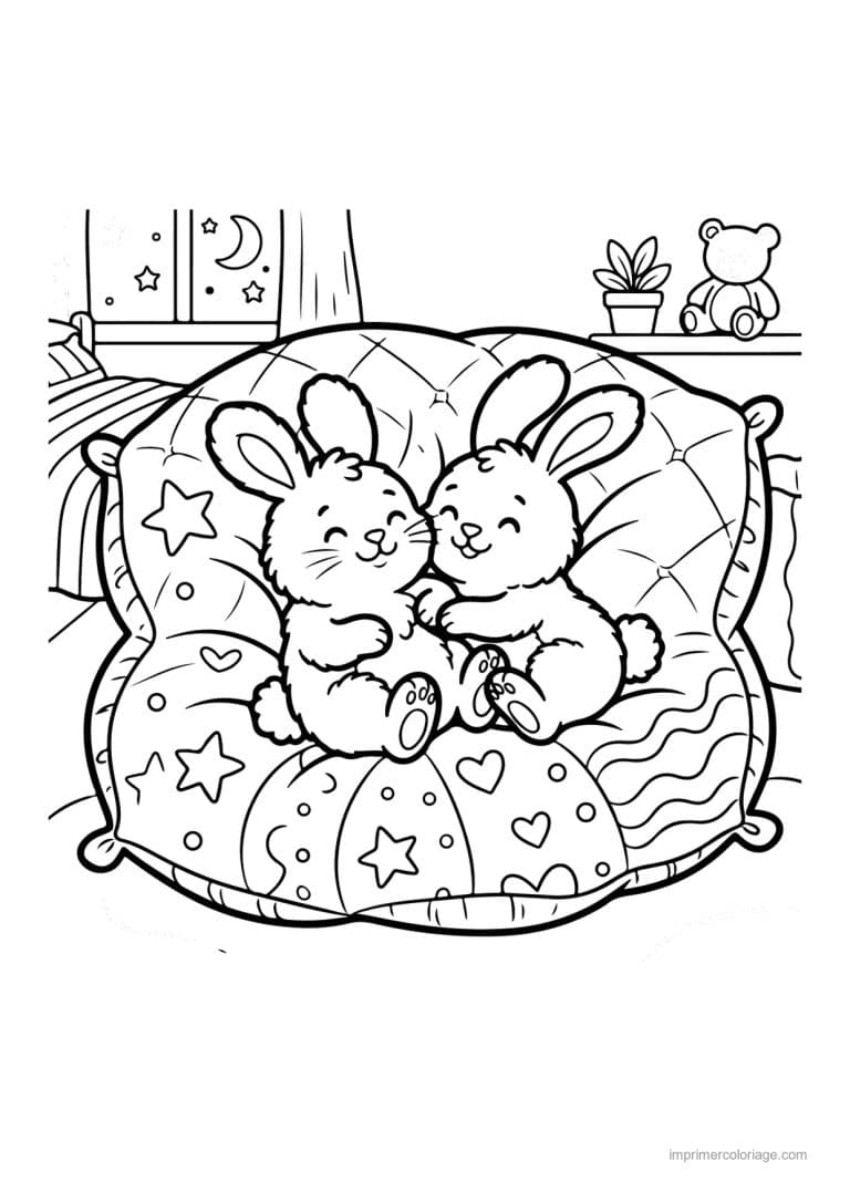coloriage paques cozy lapins calins sur le coussin - dessin gratuit &agrave; imprimer