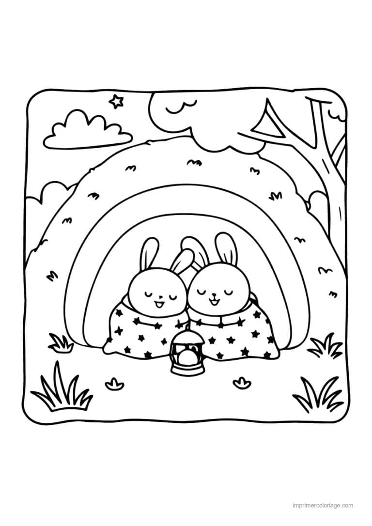 coloriage paques cozy lapins sous l arc en ciel - dessin gratuit &agrave; imprimer