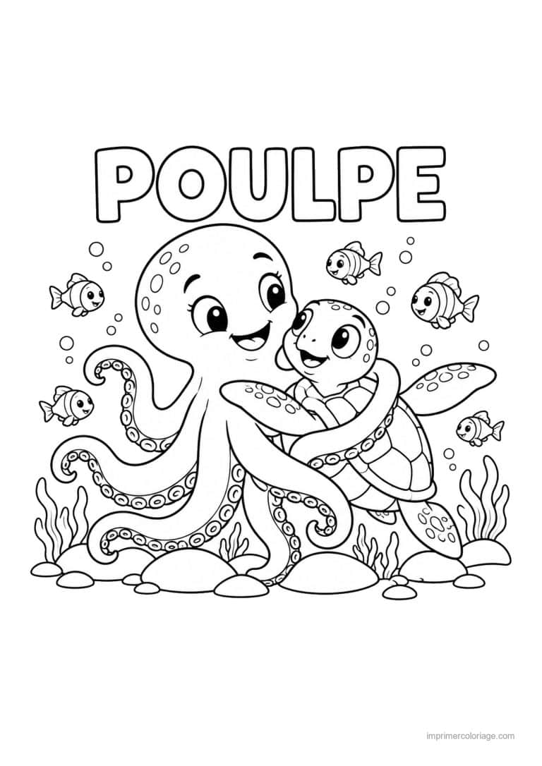 coloriage pieuvre ami tortue marine - dessin gratuit &agrave; imprimer