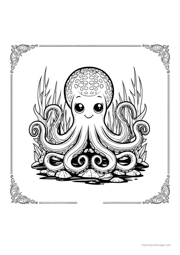 coloriage pieuvre cadre orne sur galets - dessin gratuit &agrave; imprimer