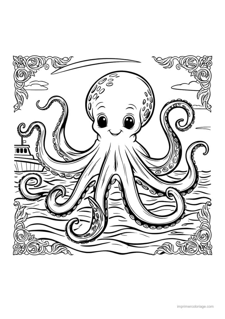 coloriage pieuvre cadre volutes et vagues - dessin gratuit &agrave; imprimer