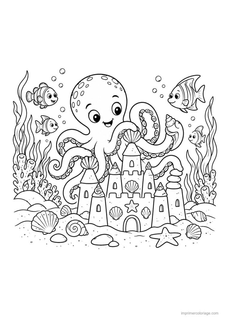 coloriage pieuvre construit chateau sable - dessin gratuit &agrave; imprimer