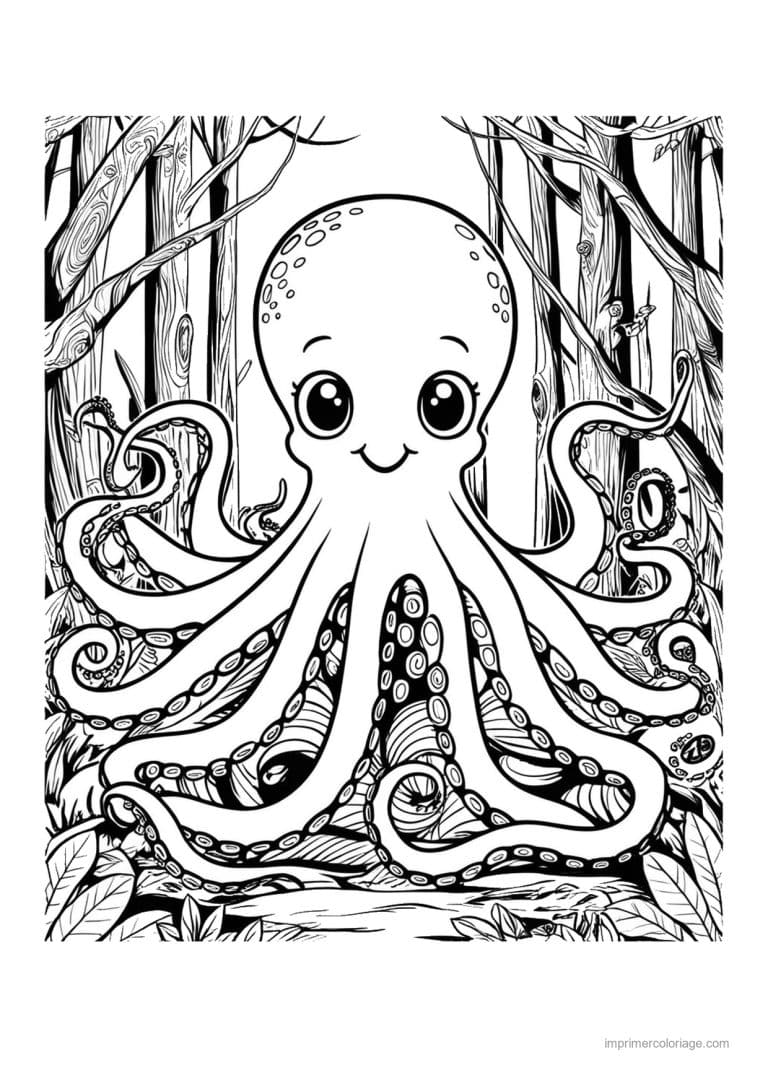 coloriage pieuvre foret de troncs - dessin gratuit &agrave; imprimer
