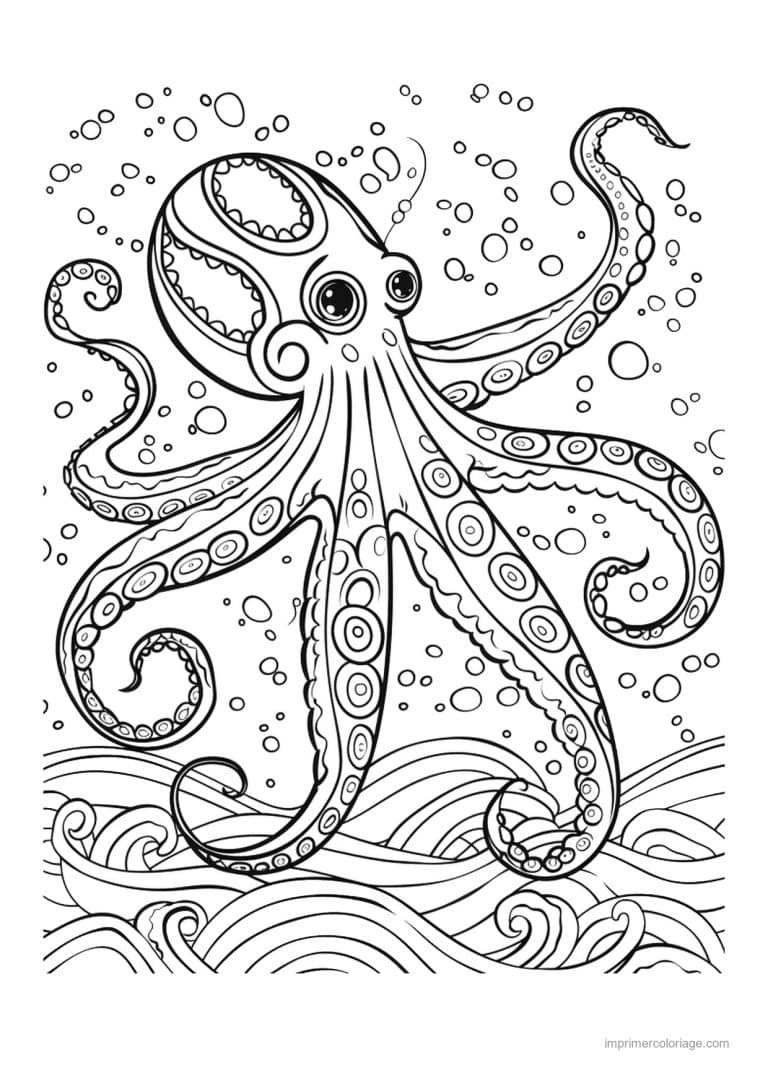 coloriage pieuvre grands tentacules et bulles - dessin gratuit &agrave; imprimer