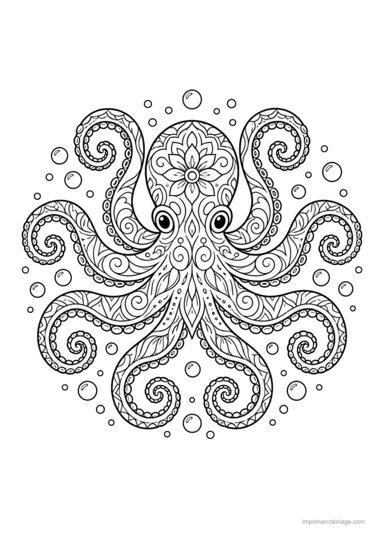 coloriage pieuvre mandala bras spirales - dessin gratuit &agrave; imprimer