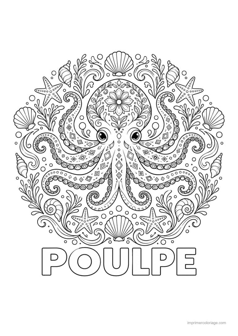 coloriage pieuvre mandala coquillages marins - dessin gratuit &agrave; imprimer