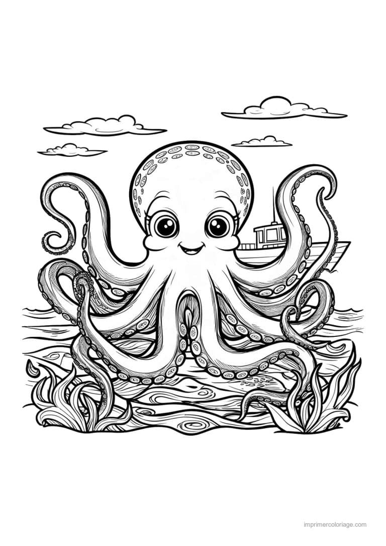 coloriage pieuvre nuages et bateau en mer - dessin gratuit &agrave; imprimer