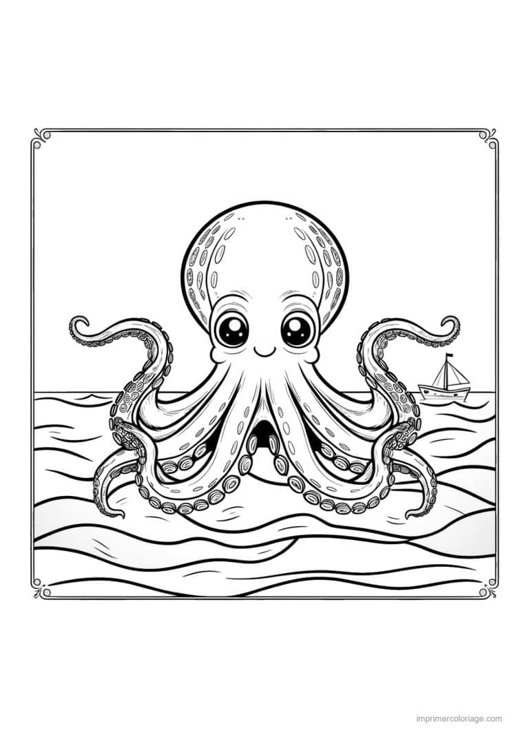 coloriage pieuvre petit voilier a l horizon - dessin gratuit &agrave; imprimer