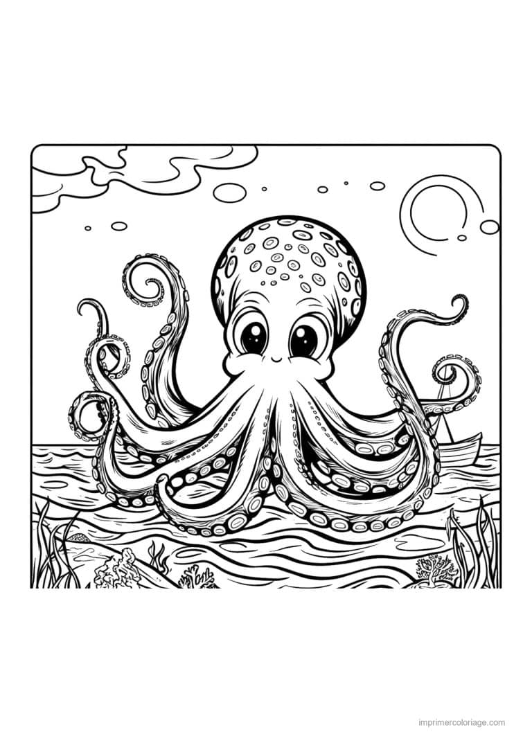 coloriage pieuvre soleil et ocean - dessin gratuit &agrave; imprimer