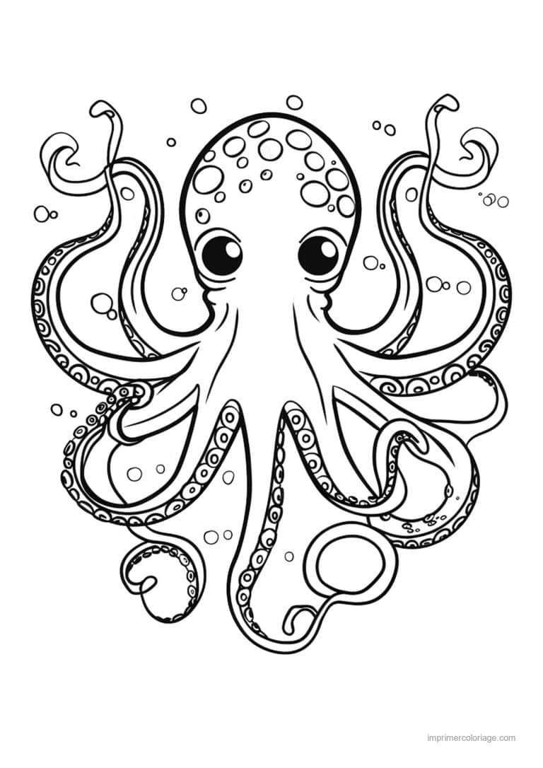 coloriage pieuvre tentacules dresses et bulles - dessin gratuit &agrave; imprimer