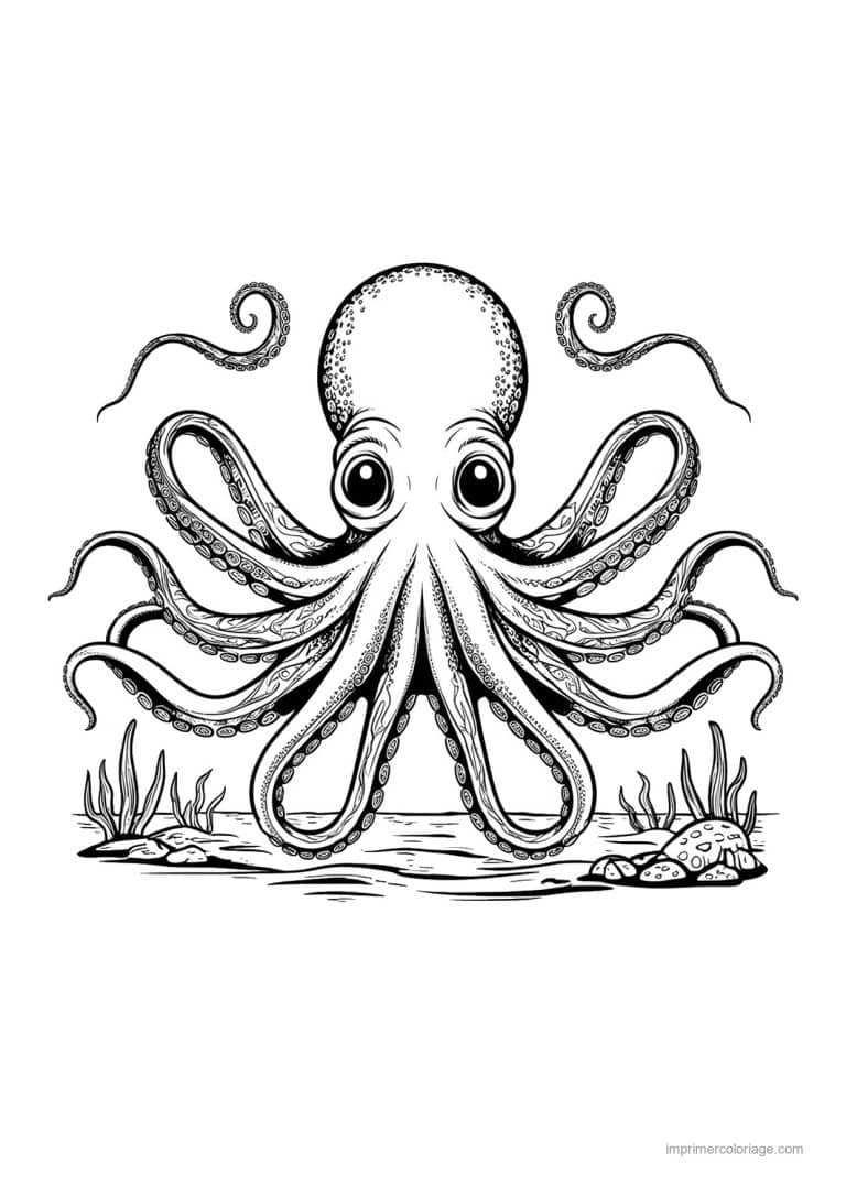 coloriage pieuvre tentacules recourbes sur le sable - dessin gratuit &agrave; imprimer