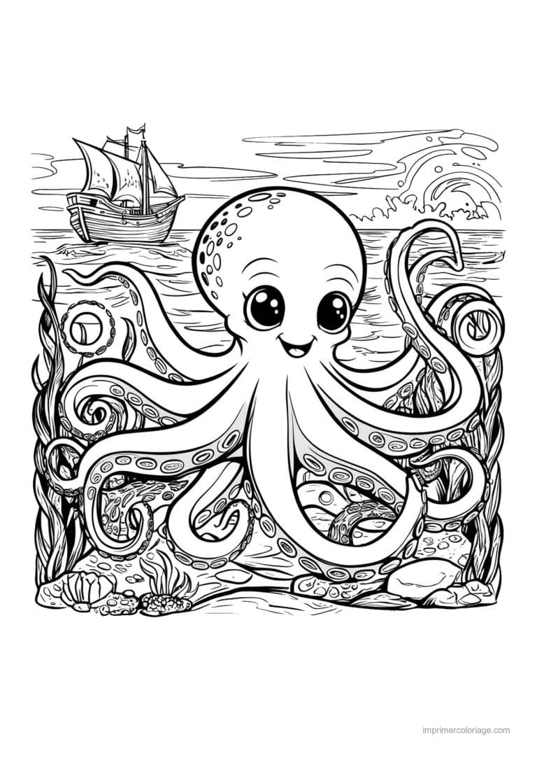coloriage pieuvre voilier et fond marin - dessin gratuit &agrave; imprimer