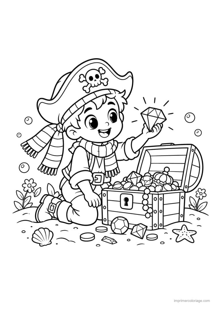 coloriage pirate cute bijou coffre echarpe - dessin gratuit &agrave; imprimer