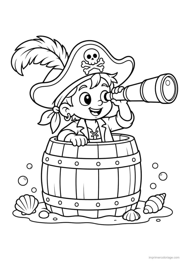 coloriage pirate cute longue vue tonneau - dessin gratuit &agrave; imprimer