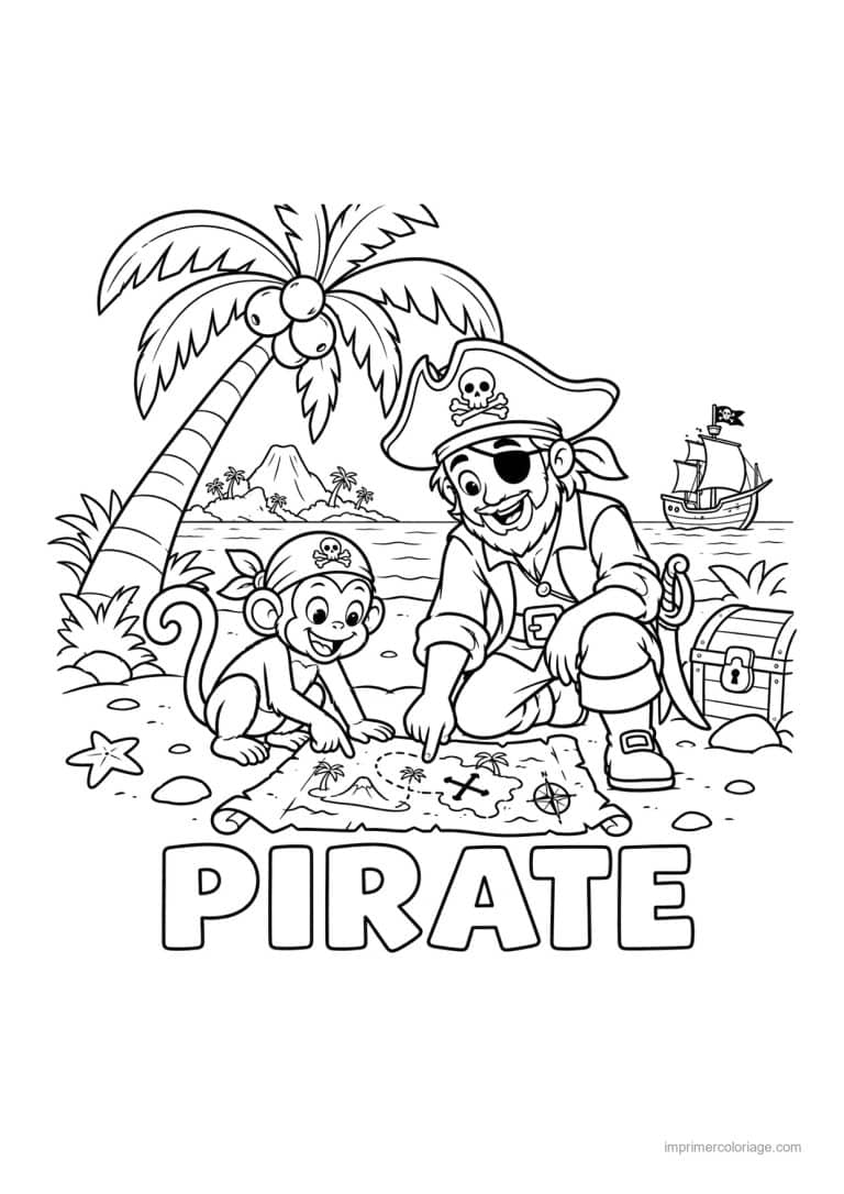 coloriage pirate friend singe carte plage titre bas - dessin gratuit &agrave; imprimer