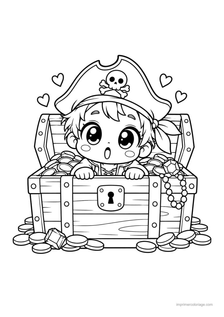 coloriage pirate kawaii cache coffre tresor - dessin gratuit &agrave; imprimer