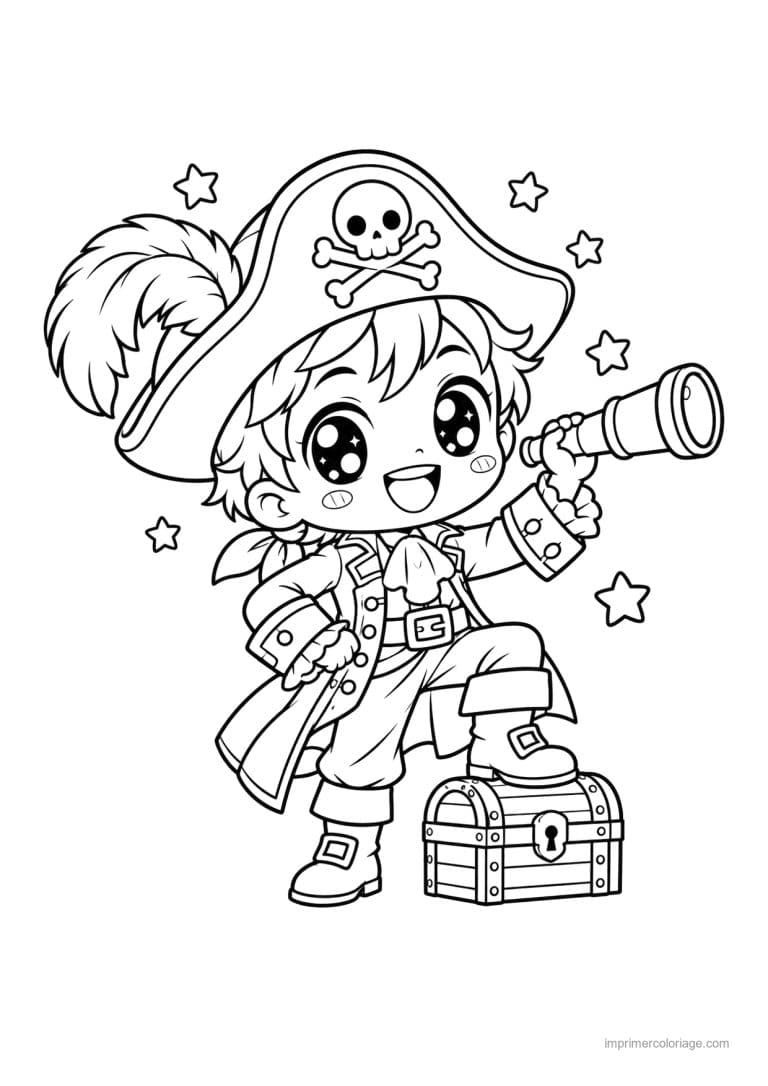 coloriage pirate kawaii capitaine coffre longue vue - dessin gratuit &agrave; imprimer