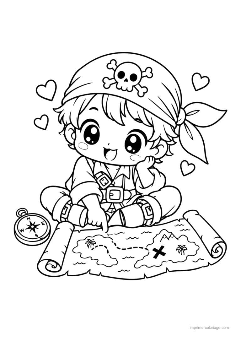coloriage pirate kawaii carte tresor boussole - dessin gratuit &agrave; imprimer