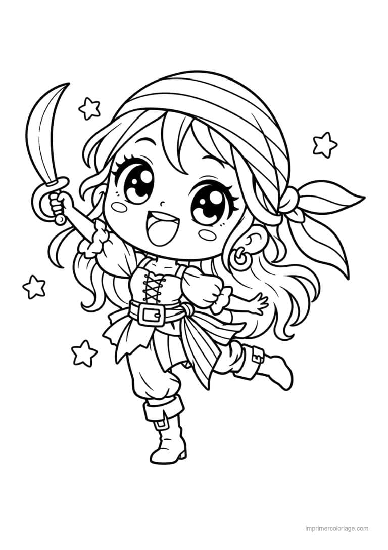 coloriage pirate kawaii fille sabre bandana - dessin gratuit &agrave; imprimer