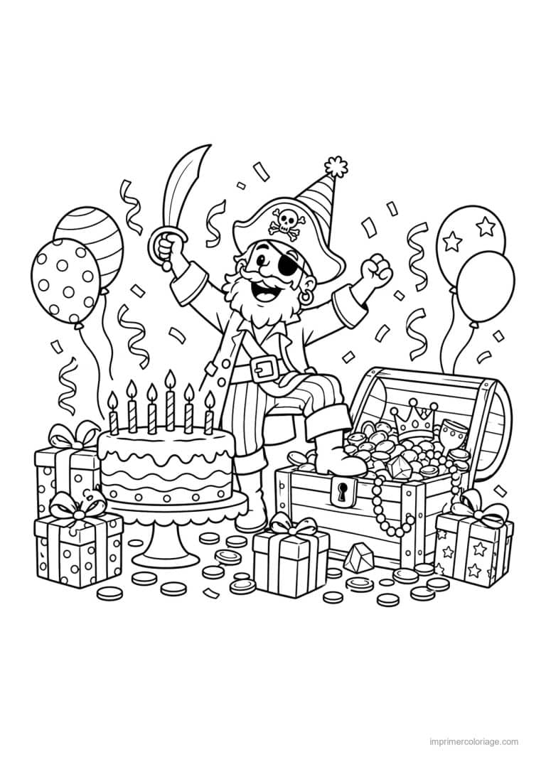 coloriage pirate party anniversaire gateau ballons - dessin gratuit &agrave; imprimer